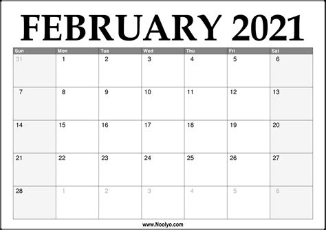 Printable Calendar For Feb 2021